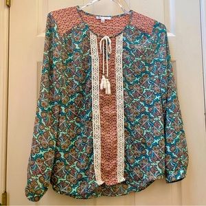 DR2 Teal and Coral Blouse with white tassel tie,  size Medium